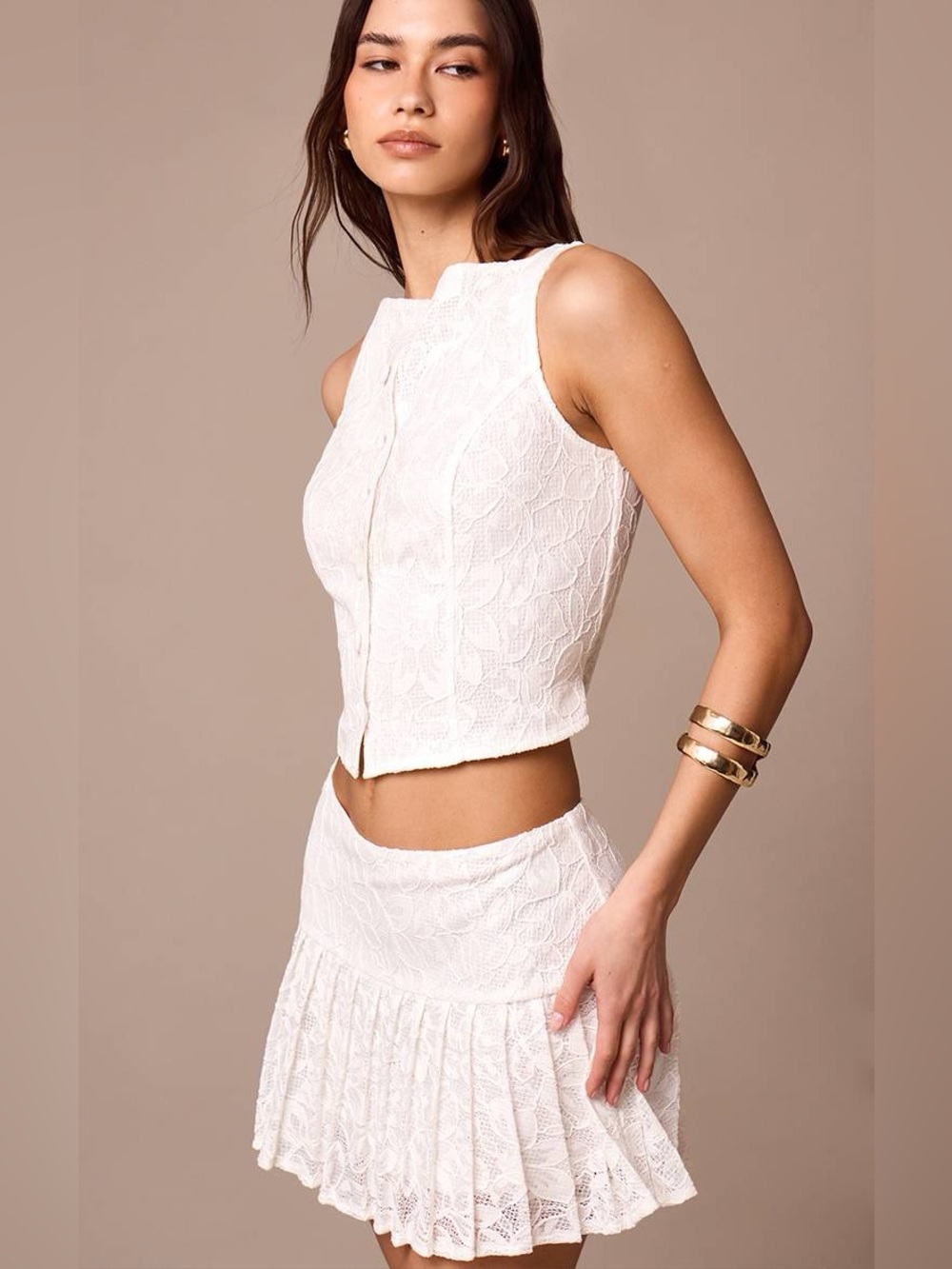 NEW Pretty Little Thing WHITE LACE PLEATED MINI SKIRT CO-ORD Size 0